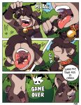 anthro bell bell_collar bullying butt collar comic day digested digestion dominant dominant_anthro dominant_male duo feral forced game_over gameplay_mechanics hi_res humiliation instant_loss_2koma larger_male light magic magic_user male male/male mouth_play on_tongue onomatopoeia oral_vore outside plant shrinking shrunken size_difference size_transformation sky smaller_male smothering sound_effects sunlight text tongue transformation tree vore