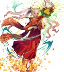  1girl dark-skinned_female dark_skin fire_emblem fire_emblem_heroes highres holding_rake japanese_clothes kimono laevatein_(fire_emblem) laevatein_(new_year)_(fire_emblem) multicolored_hair non-web_source official_alternate_costume official_art open_mouth orange_hair quad_tails rake red_eyes red_kimono sandals solo tabi two-tone_hair white_hair 