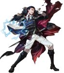  1girl black_hair book cape clenched_teeth damaged epaulettes fire_emblem fire_emblem:_thracia_776 fire_emblem_heroes gloves hair_slicked_back highres lightning non-web_source official_alternate_costume official_art red_cape reinhardt_(fire_emblem) reinhardt_(thrud_reborn)_(fire_emblem) solo tagme teeth torn_cape torn_clothes white_gloves 