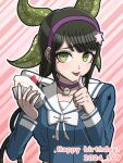  1girl bell bow bowtie breasts brown_hair buttons cake chabashira_tenko choker danganronpa_(series) danganronpa_v3:_killing_harmony dated double-breasted food fruit green_eyes hair_ribbon hand_up happy_birthday holding holding_food large_breasts long_hair neck_bell pink_background pink_choker ribbon sailor_collar smile solo strawberry striped striped_background suiren_yurei upper_body white_background white_bow white_bowtie white_ribbon white_sailor_collar 