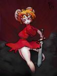  absurd_res blonde_hair blood bodily_fluids bottomwear clothed clothing clothing_lift female fuairy_(pholewd) hair hi_res invalid_tag mammal mouse murid murine pholewd red_eyes rodent skirt skirt_lift weapon white_body 