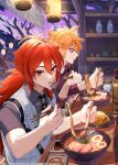  2boys black_shirt blue_eyes bowl cherry_blossoms chopsticks closed_mouth diluc_(genshin_impact) eating food genshin_impact hair_between_eyes hiki_yuichi holding holding_chopsticks long_hair male_focus multiple_boys necktie noodles open_mouth orange_hair ponytail ramen red_eyes red_hair red_shirt shirt short_hair tartaglia_(genshin_impact) vase vest white_vest 