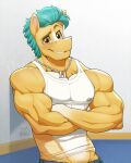  abs anthro biceps clothed clothing deltoids earth_pony equid equid_taur equine friendship_is_magic fur green_hair hair hasbro hi_res hitch_trailblazer_(mlp) horse jewelry male mammal mammal_taur mlp_g5 muscular muscular_anthro muscular_arms muscular_male my_little_pony necklace nipples partially_clothed pecs pony ponyanony shirt solo tank_top taur tight_clothing topwear translucent translucent_clothing triceps yellow_body 