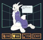 anthro asriel_dreemurr asriel_dreemurr_(god_form) bovid caprine clothing cuddlehooves dialogue diaper embarrassed gameplay_mechanics goat hi_res looking_back male mammal onesie options question rear_view solo speech_bubble talking_to_another text undertale undertale_(series)
