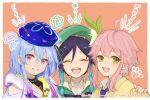  3boys arknights beret blue_hair blue_headwear blush braid closed_eyes collared_shirt crossover ensemble_stars! flower genshin_impact green_eyes green_headwear hair_between_eyes hat highres himemiya_tori infection_monitor_(arknights) looking_at_viewer male_focus misoshiru_umai4 mizuki_(arknights) multicolored_hair multiple_boys murase_ayumu musical_note open_mouth otoko_no_ko pink_hair purple_hair shirt spoken_musical_note teeth twin_braids twitter_username upper_teeth_only venti_(genshin_impact) voice_actor_connection white_flower white_shirt 