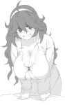  1girl @_@ absurdres ahoge alternate_breast_size blush breasts greyscale hairband hakai_shin hex_maniac_(pokemon) highres huge_breasts leaning_forward looking_at_viewer messy_hair monochrome naked_shirt nervous_smile open_mouth pokemon pokemon_xy purple_hairband shirt simple_background sleeves_past_wrists smile solo white_background 