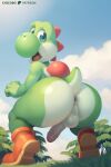 anthro anus balls blue_eyes boots chicobo clothing footwear genitals green_body green_yoshi hi_res looking_at_viewer male mario_bros nintendo open_mouth penis solo yoshi
