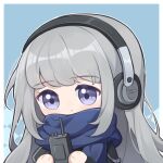  1girl :o absurdres ai_chi_guobaoyou bkornblume black_dress blue_background blue_eyes blue_scarf chibi dress grey_hair hands_up headphones highres holding_walkie-talkie long_hair looking_at_viewer reverse:1999 scarf solo upper_body walkie-talkie 