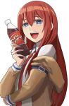  1girl :d blue_eyes bottle brown_hair brown_jacket dr_pepper from_side highres holding holding_bottle jacket long_hair looking_at_viewer makise_kurisu necktie red_necktie sakata_s2023 shirt simple_background smile solo steins;gate upper_body white_background white_shirt 