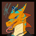 accessory anthro bodily_fluids charizard clothing dragon generation_1_pokemon headshot_portrait horn horn_jewelry jewelry larukdragon long_tongue male mega_stone necklace nintendo pokemon pokemon_(species) portrait reiko_reyshidera_(artist) saliva scalie shirt solo taevarth time_gear tongue tongue_out topwear