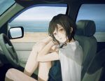  1girl beach black_hair brown_eyes car_interior highres horizon knee_up looking_at_viewer original shadow shirt short_hair solo utsuwa0120 water white_shirt 