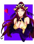  1girl arms_under_breasts bare_shoulders blush braid braided_ponytail breasts cleavage crossed_arms detached_sleeves earrings feather_trim feathers fire_emblem fire_emblem_heroes hair_ornament hat heart highres jewelry large_breasts lips loki_(fire_emblem) long_hair looking_at_viewer mature_female natue6 open_mouth purple_eyes simple_background sketch smile solo upper_body 