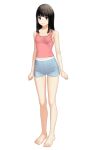  1girl barefoot black_eyes black_hair breasts closed_mouth commentary dolphin_shorts full_body grey_shorts highres long_hair looking_at_viewer loungewear maburu_(lojyq1eur3e8bit) original pink_tank_top short_shorts shorts simple_background small_breasts smile solo standing straight_hair tank_top white_background 