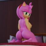 3d_(artwork) accessory amy_rose anthro balls barefoot bed butt digital_media_(artwork) eulipotyphlan feet furniture genitals green_eyes gynomorph hair hair_accessory hairband hedgehog hi_res intersex kneeling looking_back mammal multicolored_body on_bed pink_body pink_hair sega smile soles solo sonic_the_hedgehog_(series) tan_body twintails3d two_tone_body