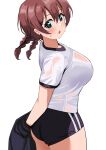  absurdres aqua_eyes ass black_buruma black_jacket blush braid breasts brown_hair buruma double_vertical_stripe emma_verde evildaddy12 gym_uniform highres jacket large_breasts looking_at_viewer love_live! love_live!_nijigasaki_high_school_idol_club open_mouth see-through see-through_shirt shirt short_sleeves simple_background standing twin_braids white_background white_shirt 