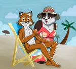 2024 anthro badger beach beach_chair beach_umbrella blush breasts canid canine cleavage clothed clothing dress duo female fox half-closed_eyes hat headgear headwear henry_(old_speckled_hen) hi_res looking_at_viewer male male/female mammal mustelid musteline narrowed_eyes navel nipple_outline nude old_speckled_hen open_mouth palm_tree parasol plant seaside tongue tree warioanon whiskers