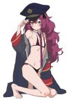  1girl akinashi_yuu bikini blue_archive blush breasts coat detached_collar full_body grey_eyes hat highres iroha_(blue_archive) kneeling long_hair navel necktie open_clothes open_coat peaked_cap purple_hair sketch small_breasts solo swimsuit 