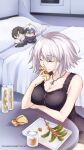  1girl ahoge artist_name bare_shoulders bed black_dress breasts chaldea_uniform character_doll cleavage closed_eyes closed_mouth commentary_request dress fate/grand_order fate_(series) fujimaru_ritsuka_(male) grey_hair highres indoors jeanne_d&#039;arc_alter_(fate) jeanne_d&#039;arc_alter_(ver._shinjuku_1999)_(fate) jewelry large_breasts morinaga_ramune necklace pillow short_hair sitting sleeveless sleeveless_dress smile solo table 