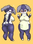  anthro apron biped brown_eyes butt clothing covering_butt embarrassed female front_view frown generation_8_pokemon glistening glistening_body hi_res indeedee multiple_poses nintendo pepper_gomashio pokemon pokemon_(species) pose purple_body rear_view simple_background smile solo video_games white_body 