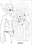 abs akino-kamihara anthro athletic athletic_male big_breasts breasts bulge buneary cinderace clothing duo female fence generation_4_pokemon generation_8_pokemon greeting hair hi_res japanese_text lopunny male navel nintendo nipples pokemon pokemon_(species) size_difference sketch solo speedo sports_uniform swimwear text tied_hair