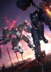  armored_core armored_core_6 embers full_body glowing glowing_eye highres mecha mecha_focus miso_katsu missile_pod nightfall_(armored_core_6) no_humans outdoors pile_bunker red_eyes robot science_fiction sol_644 thrusters twilight weapon 