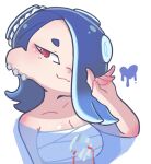  1girl blue_hair blue_shawl breasts cephalopod_eyes chest_sarashi cleavage closed_mouth collarbone commentary_request hair_over_one_eye heart hekoningyou_(waraningyou) large_breasts medium_hair red_eyes sarashi see-through_shawl shawl shiver_(splatoon) smile solo splatoon_(series) splatoon_3 tentacle_hair thick_eyebrows tooth_earrings upper_body 
