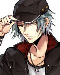  1boy adjusting_clothes adjusting_headwear animal_print baseball_cap black_headwear black_jacket chain_necklace commentary_request expressionless final_fantasy final_fantasy_vii final_fantasy_vii_remake grey_hair hand_up hat high_collar jacket jewelry leopard_print leslie_kyle looking_at_viewer male_focus necklace open_clothes open_jacket pendant shirt short_hair simple_background solo tama_(tmfy5) upper_body white_background white_shirt yellow_eyes 