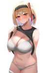  1girl absurdres black_hairband black_shirt blonde_hair blush bra breasts cleavage closed_mouth clothes_lift hair_ribbon hairband highres large_breasts lifted_by_self looking_at_viewer lycoris_recoil navel nishikigi_chisato panties poisonousgas red_eyes red_ribbon ribbon shirt shirt_lift short_hair simple_background sleeveless sleeveless_shirt solo underwear white_background white_bra white_panties 