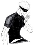  1boy abs blindfold gojou_satoru greyscale highres jujutsu_kaisen male_focus monochrome muscular muscular_male nay_bb open_mouth pectorals shirt short_hair short_sleeves solo spiked_hair upper_body yawning 