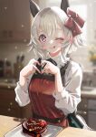  1girl :p alternate_costume animal_ears apron blurry blurry_background breasts cake character_name closed_mouth commentary_request curren_chan_(umamusume) food grey_hair hair_between_eyes hair_ornament heart heart_hands highres horse_ears horse_girl horse_tail kitchen looking_at_viewer medium_breasts medium_hair one_eye_closed otono_(bkt4b) plate purple_eyes ribbon solo table tail tongue tongue_out umamusume valentine window 