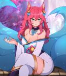  1girl absurdres ahri_(league_of_legends) animal_ears bare_shoulders bell blush breasts cleavage collarbone crossed_legs facial_mark fingernails fox_ears fox_girl fox_tail green_eyes hair_bell hair_ornament highres large_breasts league_of_legends lips long_hair looking_at_viewer parted_lips pink_hair pink_nails rukiadaichi sharp_fingernails sitting smile solo spirit_blossom_ahri tail 