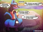  absurd_res anthro blue_body breasts butt dialogue female generation_4_pokemon genitals hand_on_butt hi_res looking_at_viewer lucario nintendo nipples pokemon pokemon_(species) pussy qlq_japy solo text video_games 