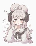  1girl :o black_bow bow colon_br grey_eyes hair_bow half-closed_eyes highres horns original sheep sheep_girl sheep_horns simple_background sleep_bubble sleepy solo upper_body white_background white_hair yawning 