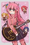  &gt;o&lt; 1girl 4girls :&gt; :&lt; blonde_hair blue_eyes blue_hair blue_skirt blush bocchi_the_rock! checkered_background chibi chibi_inset cube_hair_ornament electric_guitar gotoh_hitori guitar hair_between_eyes hair_ornament heart highres ijichi_nijika instrument jacket kita_ikuyo long_hair long_sleeves mole mole_under_eye multiple_girls musical_note one_side_up open_mouth pants pants_under_skirt pink_background pink_hair pink_jacket pleated_skirt red_hair school_uniform shirt short_hair side_ponytail simple_background skirt smile star_(symbol) starglowy sweatdrop track_jacket track_suit yamada_ryo 