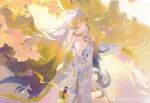  1girl absurdres arknights cherry_blossoms coat highres horns jewelry long_hair looking_at_viewer lyojfeccnsd188 multicolored_hair necklace open_clothes open_coat pants shu_(arknights) solo streaked_hair very_long_hair white_pants 