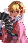  1girl aegis_(persona) android blonde_hair blue_eyes bow floral_print folding_fan hand_fan highres holding holding_fan japanese_clothes joowon_(jju_oon) kimono looking_at_viewer obi open_mouth persona persona_3 pink_kimono red_bow sash short_hair simple_background solo 