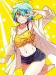  1girl :3 asaemi0513 barefoot blue_hair blue_shorts breasts cleavage closed_mouth collarbone commentary_request dot_nose eiyuu_densetsu millium_orion navel one_eye_closed sen_no_kiseki short_hair short_shorts shorts solo standing standing_on_one_leg two-tone_background v_over_eye yellow_background yellow_eyes 