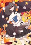  1girl absurdres autumn_leaves black_hair black_ribbon black_skirt black_socks black_wings book breasts buttons dutch_angle feathered_wings feet_out_of_frame frilled_skirt frills hat highres holding holding_book kneehighs leaf leaf_background looking_at_viewer neck_ribbon open_mouth orange_background pom_pom_(clothes) puffy_short_sleeves puffy_sleeves red_eyes red_headwear ribbon ribbon-trimmed_shirt ribbon-trimmed_skirt ribbon_trim shameimaru_aya shirt shocho_(shaojiujiu) short_sleeves skirt small_breasts smile socks solo tokin_hat touhou white_shirt wings 