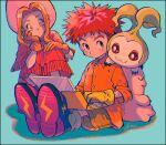  1boy 1girl artist_name back-to-back blue_background blue_eyes brown_gloves brown_hair closed_eyes collared_shirt computer cowboy_hat digimon digimon_(creature) digimon_adventure dress gloves green_shorts hand_on_own_face hat highres izumi_koshiro kwsby_124 laptop long_hair looking_at_another mochimon orange_hair orange_shirt pink_dress pink_headwear red_eyes shirt shoes short_hair shorts sidelocks sitting sneakers squatting tachikawa_mimi tanemon tassel yellow_gloves 