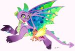 allisonpopick dragon equid equine ethereal_horn ethereal_wings fangs female flying friendship_is_magic fur green_body green_eyes green_scales hasbro hi_res hooves horn leg_markings male mammal markings membrane_(anatomy) membranous_wings mlp_g5 my_little_pony orange_body orange_fur purple_body purple_scales scales simple_background socks_(marking) spike_(mlp) sunny_starscout_(mlp) teeth white_background winged_unicorn wings