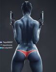 2023 3d_(artwork) alien alien_humanoid asari blue_body blue_skin butt clothed clothing digital_media_(artwork) dual_wielding female gun handgun hi_res holding_object holding_weapon humanoid liara_t&#039;soni mass_effect not_furry panties pistol plague_of_humanity_(artist) ranged_weapon red_clothing red_panties red_underwear solo topless underwear weapon