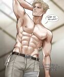  1boy abs arm_behind_head belt blonde_hair brown_belt brown_eyes cowboy_shot english_commentary english_text grey_pants highres jujutsu_kaisen male_focus male_pubic_hair muscular muscular_male nanami_kento nipple_piercing nipple_rings pants pectorals piercing pubic_hair shesofyee short_hair solo speech_bubble standing topless_male 