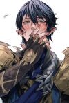  1boy armor aymeric_de_borel black_gloves black_hair blue_eyes blue_sash blush cho_kuuki earclip elbow_gloves elezen elf final_fantasy final_fantasy_xiv fingerless_gloves from_below gloves hand_on_own_face hand_up looking_at_viewer male_focus pauldrons pointy_ears sash short_hair shoulder_armor shy simple_background solo sweatdrop upper_body white_background 