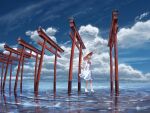  1girl absurdres arms_behind_back barefoot blonde_hair blue_eyes cloud day dress full_body highres light_smile long_hair multiple_torii outdoors reflection ripples shijohane solo standing sundress torii wading walking water_world wide_shot 
