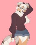  2022 5_fingers absurd_res anthro blue_eyes breasts canid canine canis charmrage clothed clothing digital_media_(artwork) domestic_dog eyebrows eyelashes female fingers hi_res looking_at_viewer mammal pink_background simple_background smile solo standing 