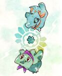  animal_focus blue_skin bright_pupils bulbasaur claws closed_eyes colored_skin crocodilian green_background green_skin highres no_humans pokemon pokemon_(creature) pokemon_mystery_dungeon pokemon_mystery_dungeon:_explorers_of_time/darkness/sky purple_scarf red_eyes red_scarf scarf time_gear totodile two-tone_background white_background white_pupils zugvogel_0525 