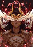  1boy achillosaure angel armor brown_hair covered_eyes dark-skinned_male dark_skin english_commentary highres lifeweaver_(overwatch) long_hair mask multiple_wings off_shoulder open_hands overwatch overwatch_2 red_background red_eyes seraph solo white_armor white_wings wings 