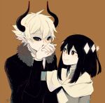  1boy 1girl black_hair blush couple demon demon_horns dress etihw_(haiiro_teien) funamusea haiiro_teien horns kcalb_(haiiro_teien) kiss kissing_hand sakiroll white_hair 