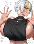  1girl absurdres black_wristband blonde_hair breasts chain crop_top gold_chain gold_necklace highres huge_breasts jewelry luvdia multicolored_hair necklace park_dona shirt sleeveless sleeveless_shirt solo streaked_hair tan tewaki upper_body virtual_youtuber white_hair yellow_background 