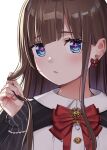  1girl blue_eyes brown_hair earrings hcstyrus_ii highres jewelry kakyouin_chieri long_hair looking_at_viewer original solo symbol-shaped_pupils white_background 